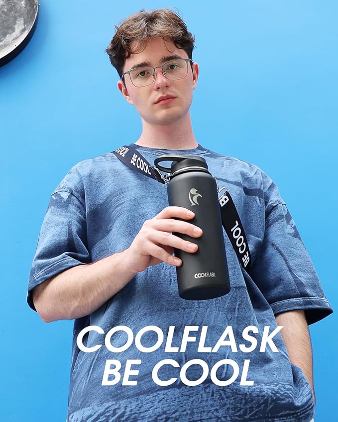 Coolflask 40 oz Water Bottle with Strap, Insulated Metal Water Flask with Straw & Spout Lids, Stainless Steel Double Wall Vacuum, Keep Cold 48h Hot 24h, Leak Proof & Non-BPA, Magic Black