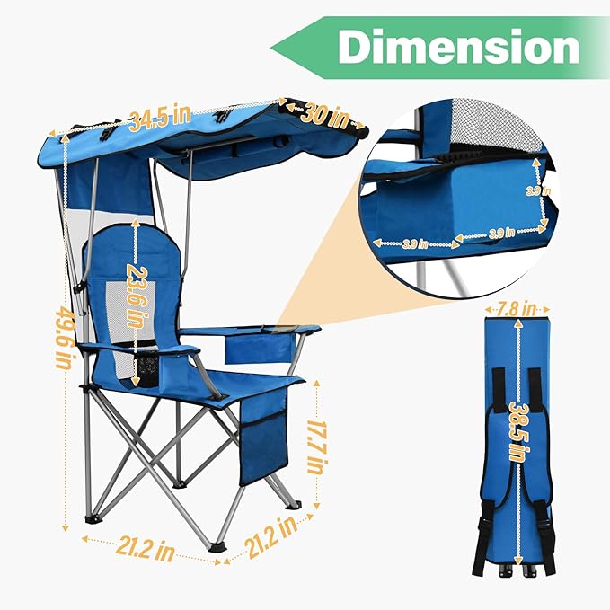 BDL Camping Chair with Canopy Shade Portable Foldable Canopy Chair with Cooler, Mesh Backrest, Cup Holder, and Pocket for Camping, Fishing, Beach, and Sports,Sky-Blue