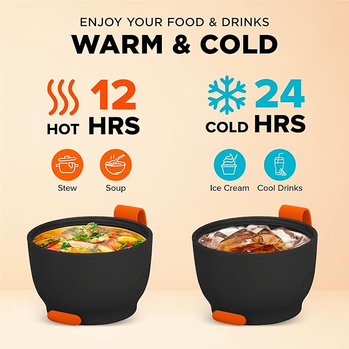 ENERGIFY Vacuum Insulated Food Jar. Large 24oz Bowl incl. Folding Spoon, Cup. Wide Mouth Keep Hot & Cold Drinks Soup Lunch Container for Adults. BPA-Free Stainless Steel, Leak Proof Black Matte