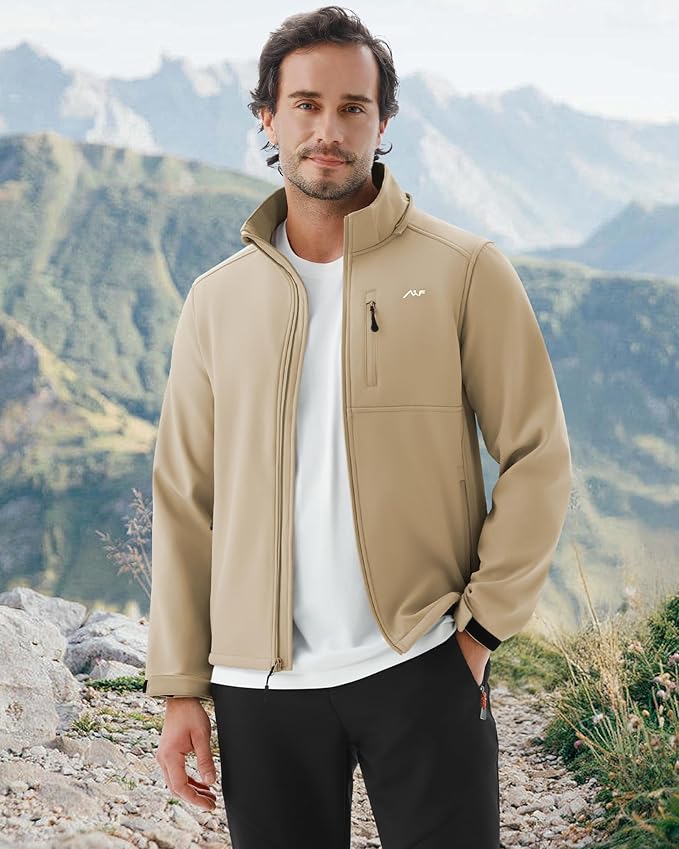 WULFUL Men's Softshell Jacket Waterproof Lightweight Insulated Windbreaker Fleece Lined Rain Shell Jacket for Hiking Travel