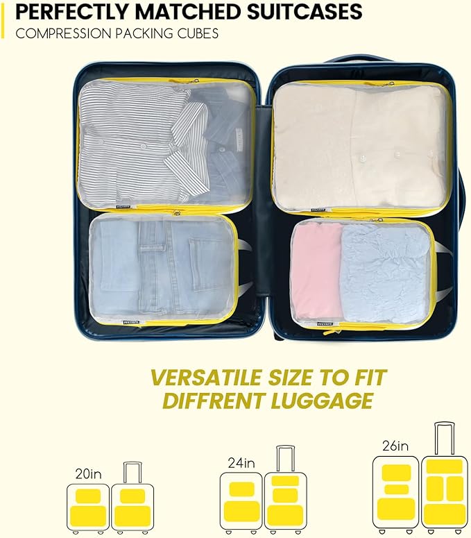 Lightweight Compression Packing Cubes for Suitcases, Compressible Expandable Travel Packing Organizer with Clear Toiletries and Backpack Bag, Travel Essentials for Carry on Luggage 7 Set