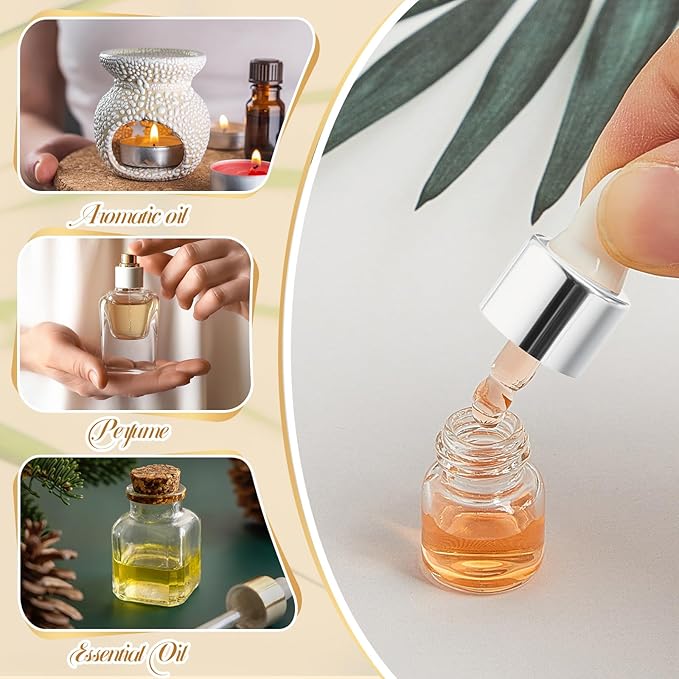 100 Pcs Mini Glass Oil Dropper Bottle Bulk, Clear Essential Small Empty Bottles Sample Containers Perfume Liquid Vials with Cap for Traveling (1 ml,Silver)