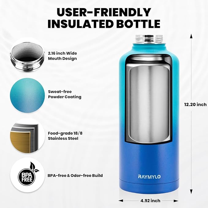 Insulated Water Bottle 87 oz, Triple Wall Vacuum Stainless Steel (Cold for 48 Hrs), Leak Proof & Non-BPA, Modern Water Flask Jug with Paracord Handle & Straw Spout Lids, Cyan Blue