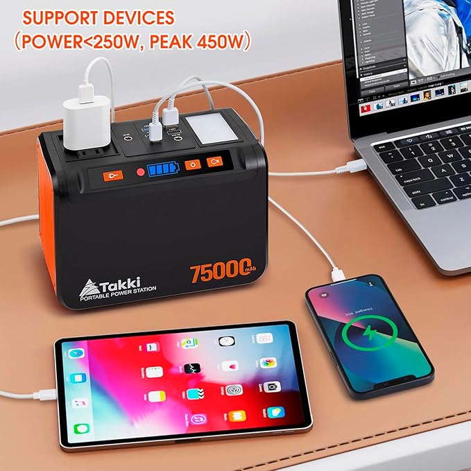 Takki Solar Generator 277Wh Portable Power Station with Solar Panels 40W Included 450W Peak 110V Pure Sine Wave AC Outlet DC USB Ports for Camping Emergency Tent Outdoor Trip