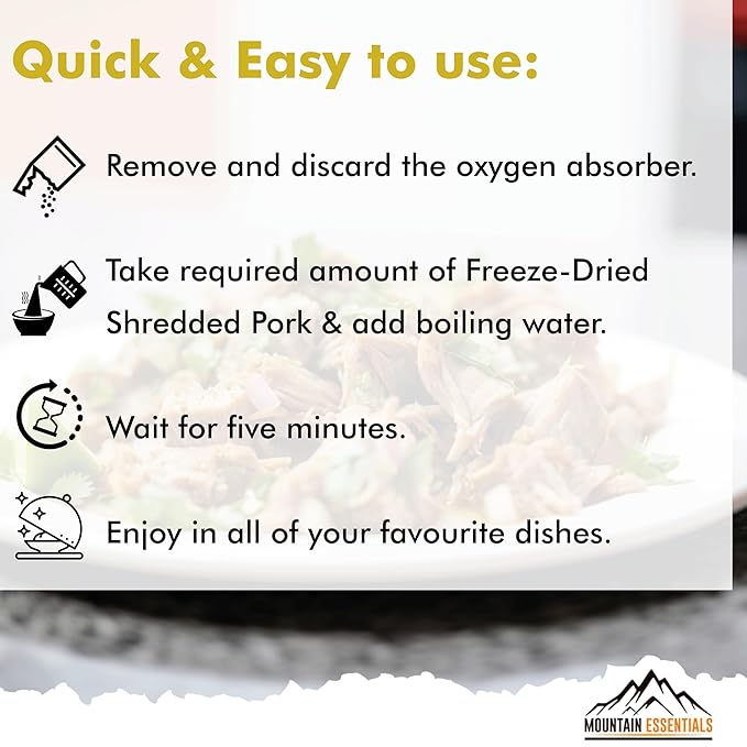 MOUNTAIN ESSENTIALS Freeze-Dried Shredded Pork – Fully Cooked, Ready-to-Eat Meat | 10 Servings per Pouch | 7-Year Shelf Life | Ideal for Daily Meals, Camping, Emergency Preparedness & Survival | Made in USA | Pack of 1