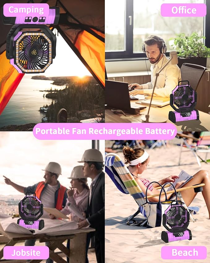 ADUST Camping Battery Operated Powered Fan with LED Lantern Light Portable 20000mAh Rechargeable Oscillating Fan with 360° Rotation Hanging Hook for Tents, Cordless USB Desk Fan(Pink)
