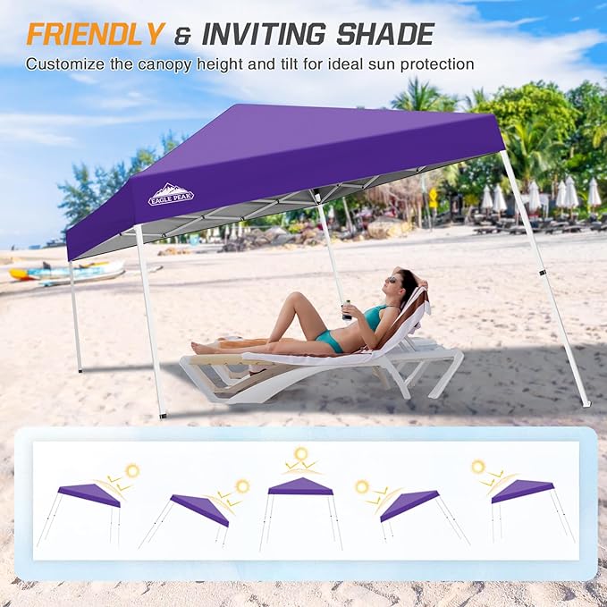 EAGLE PEAK 10x10 Slant Leg Pop-up Canopy Tent Easy One Person Setup Instant Outdoor Beach Canopy Folding Portable Sports Shelter 10x10 Base 8x8 Top (Purple)
