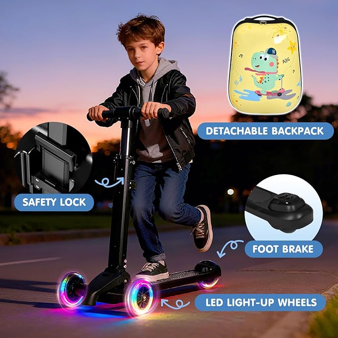 smilesun 4-in-1 Detachable Scooter Luggage for Kids & Teens, Hardside Ride-On Suitcase with Dinosaur Design, Lightweight Foldable, Perfect Travel Gift for Boys(Yellow 22-inch)