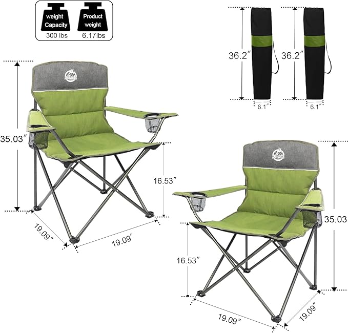 Northroad Outdoor Camping Chair Set of 3,Folding Padded Camp Chair,Collapsible Conversation Set w/1 Sofa,2 Single Chairs for Family Patio,Beach (Green)
