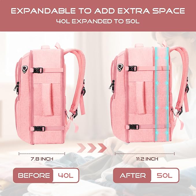 Travel Backpack for Women, Expandable Carry on Backpack, TSA 17.3 inch Laptop Bag Flight Approved, Lightweight Waterproof Business Luggage Bag, Travel Gifts for Women, Pink