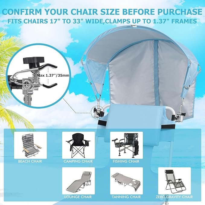 Universal Chair Umbrella Canopy, UPF 50+ Sun Shade with Adjustable Clamp, Fits Most Brands’ Beach, Camping, Lawn, Tanning, Zero Gravity, Lounge & Fishing Chairs, Patent Design