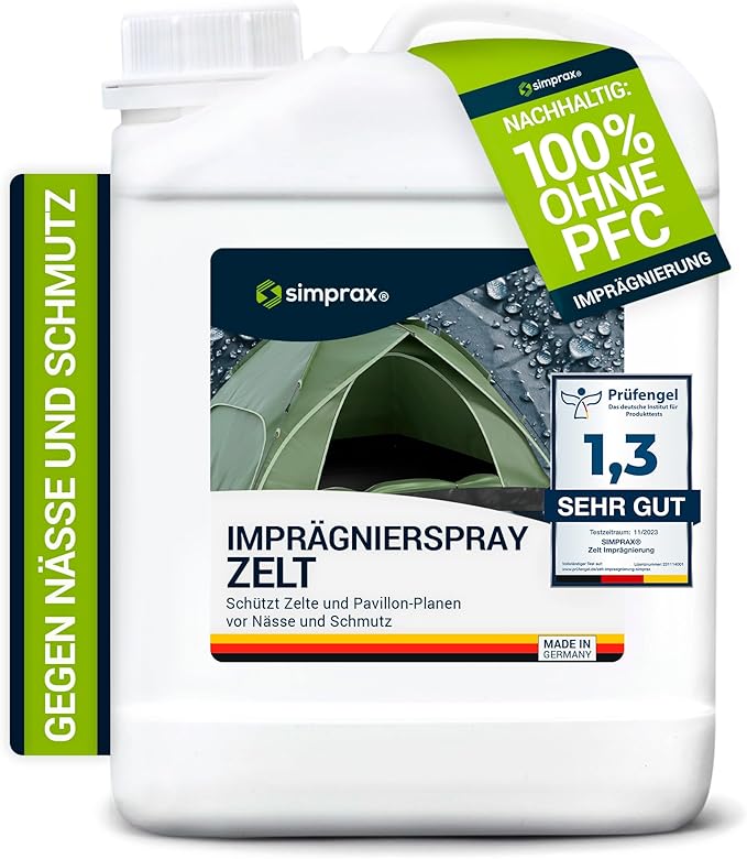 simprax® Tent Waterproofing Spray - Certified Eco-Friendly, UV-Stable & Biodegradable Waterproof Spray | Made in Germany | Waterproofing Spray Enhances Water-Repellency for Tent & Technical Textiles