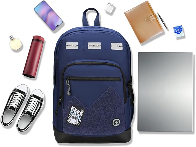 Swissdigital Design Big Student Laptop Backpack with Fun Personalized Patches For College Men & Women, Middle High School Teen Bookbag Cool Travel Daypack Blue -Includes 3 Patches | SD1718-12