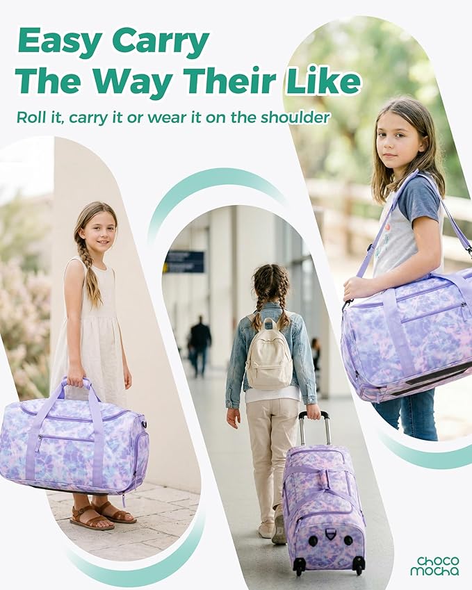 Choco Mocha Girls Suitcase with Wheels, Kids Rolling Duffle Bag Luggage for Travel 22inch, Tie Dye Rainbow