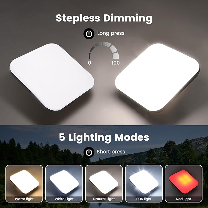 Rechargeable Tent Light, 5 Light Modes & Stepless Dimming, with Magnetic Base & Hook, IP65, Electric Lantern for Camping/Outdoor/Home/Hiking.