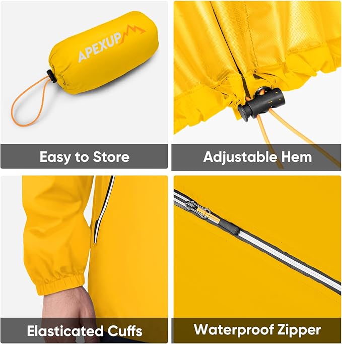 APEXUP Packable Rain Jacket Men with Reflective Zipper, Lightweight Waterproof Raincoat, Mens Rain Jacket for Outdoor Sports