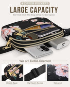 Capolo Fanny Packs for Women Fashion Waist Packs Bag with Adjustable Strap and 4 Zipper Pockets Waterproof Everywhere Crossbody Belt Bag for Workout Running Travelling(Black Flower, Large)