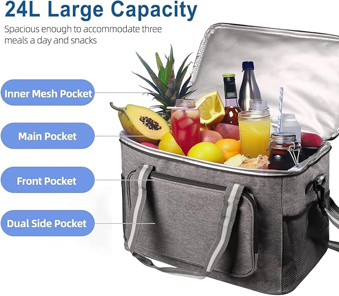iknoe Large Cooler Bag Collapsible, 24L Insulated Bags, Leakproof Lunch Cooler Tote with Multi-Pockets for Adult Insulated Thermal Bag for Beach, Picnic, Office Work, Grey 36-Can