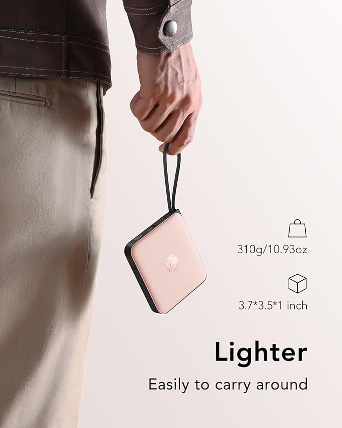 VRURC 20000mAh Power Bank Built-in Cables, Travel Essentials, Portable Charger 22.5W Fast Charging USB C Battery Pack, Phone Battery for iPhone 17 15 14 13 12 11 x Samsung Android Phone,Pink(1 Pack)