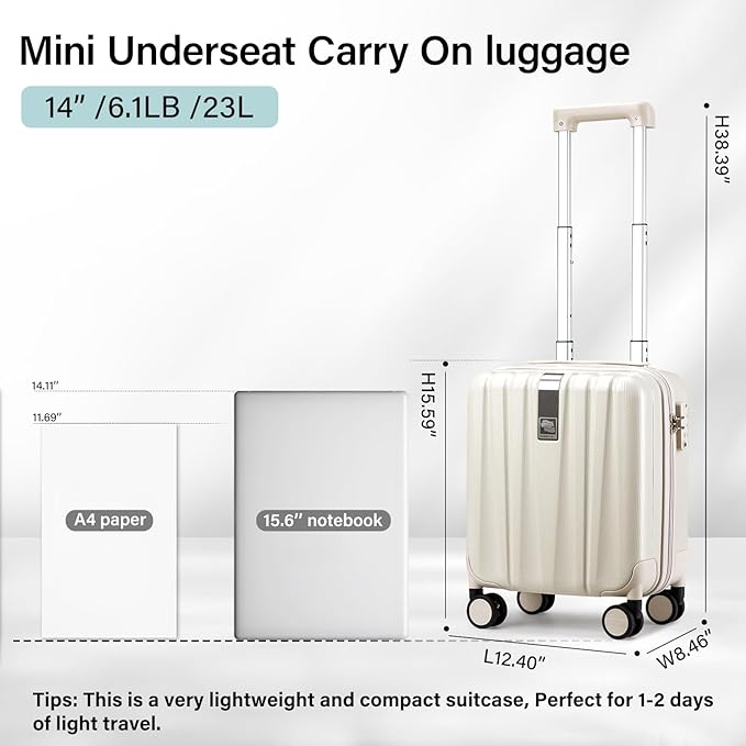 Hanke 14 Inch Underseat Carry On Luggage with Wheels, Lightweight, Waterproof, TSA-Approved, Suitcase, Ivory White