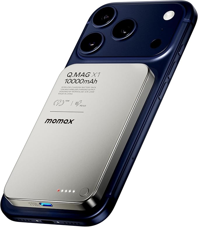 MOMAX Magnetic Portable Charger, 10000mAh Magnetic Power Bank PD 3.0 Battery Pack USB-C 15W Fast Charging Bank, 0.5inch Wireless Charger Compatible with iPhone 17/16/15/14/13/12 Series