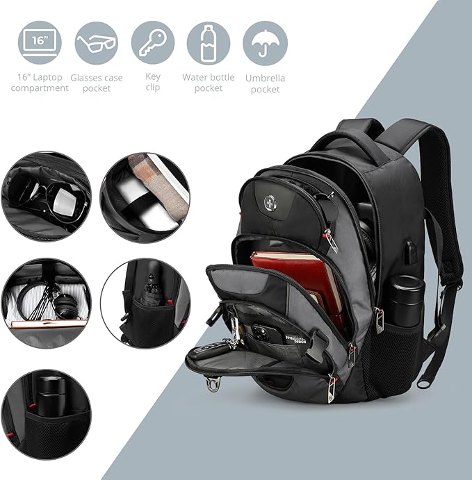 Swissdigital Design Laptop Backpack, Travel Backpack with USB Charging Port Fits 15.6 inches Computer, 31L College School Bookbag for Men, Black/Grey | SD803-02