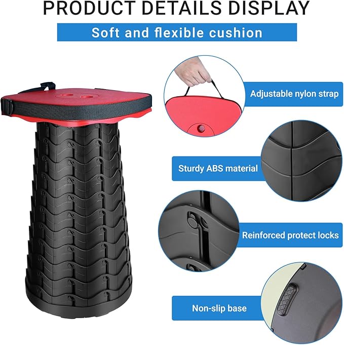 Upgraded Square Folding Stool, Max Load Capacity 485lbs, Portable Collapsible Stool Seat, Telescoping Foldable Stool, Retractable Stool for Adult Camping Fishing Outdoor BBQ