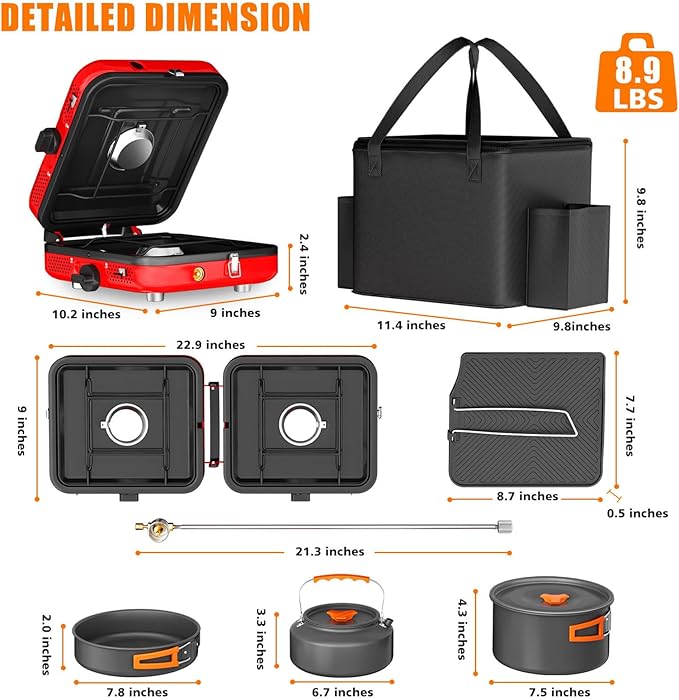 Portable 2 Burner Camping Stove Set with Cookware, 20,000 BTU/h, Outdoor Cooking Kit Includes Outdoor Folding Gas Stove, Frying Pan, Griddle, Kettle, Pot, and Carry Bag, For Propane & Butane