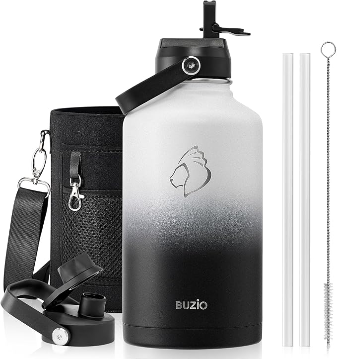 BUZIO 64oz Insulated Water Bottle with Straw Lid and Flex Cap, Stainless Steel Powder-Coat Water Flask, Keep Beverage Cold for 48 Hrs Hot for 24 Hrs Simple Thermo Canteen Mug, White and Black