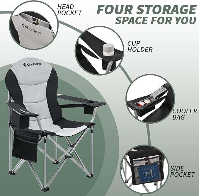 KingCamp Oversized Camping Folding Chair with Lumbar Support, Heavy Duty Ergonomic Padded Arm Chair with Cooler Bag, Cup Holder, Portable for Outdoor