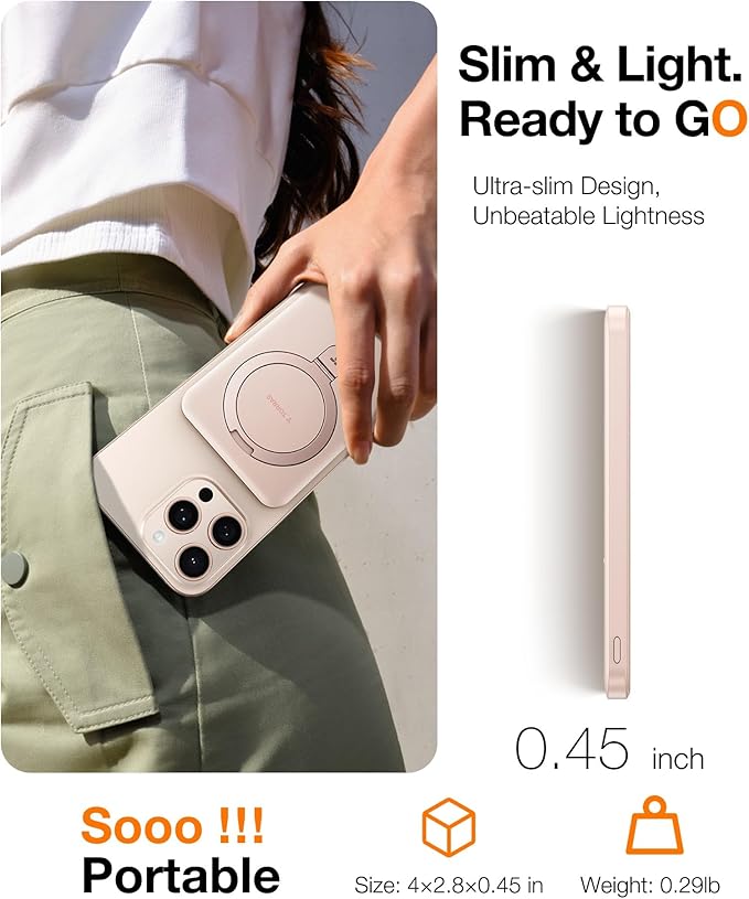 TORRAS 0.45" Slim Magnetic Portable Charger Power Bank for iPhone 5000 mAh 22.5W PD Fast Charging Wireless Battery Pack O-Stand Compatible with Magsafe Rose Gold+White