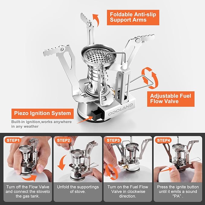 Odoland 10pcs Stainless Steel Camping Cookware Camping Pot and Pan Set with Portable Camping Stove Camping Mess Kit with Plates Bowls Forks Knives Spoons for Hiking Backpacking and Picnic