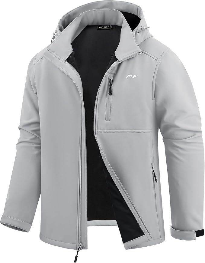 WULFUL Men's Softshell Jacket Waterproof Lightweight Insulated Windbreaker Fleece Lined Rain Shell Jacket for Hiking Travel