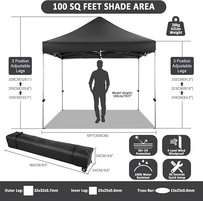 COBIZI 10x10 Pop Up Canopy Tent 10x10 Canopy with 4 Sidewalls Waterproof Heavy Duty Commercial Canopy Tent for Parties Outdoor Tent Garden Gazebo Tent, Carry Bag with Wheel(10x10ft, Black)