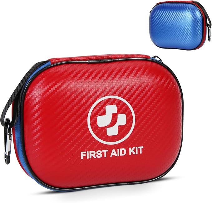Small First Aid Kit - 185 Pieces Waterproof Emergency Kit for Home, Car, Office, Travel, Camping, Hiking & Outdoor - Portable Hard Case Survival Kit with Premium Supplies(Blue/Red)