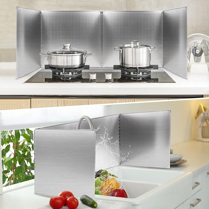 Amundo 2 Pieces Grease Splatter Guard 2 Sided Foldable Stainless Steel Splatter Guard Oil Splash Guard for Grease Stainless Steel Backsplash for Stove Frying Pan Splatter Guard (15.7" X 15.7")