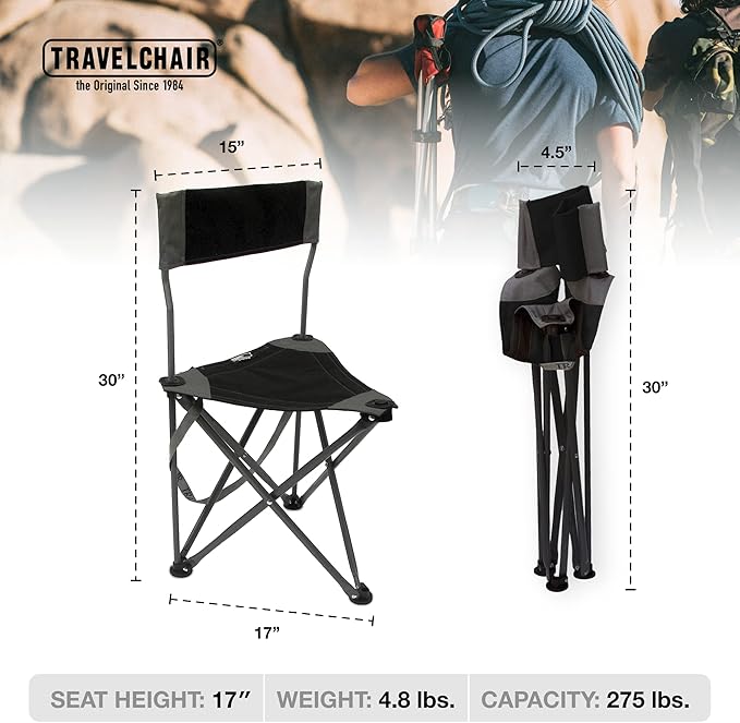 Travel Chair Ultimate Slacker, Quick Folding Tripod Stool with Backrest, Fishing Camping Hiking Chair with Carry Strap, Polyester, Black
