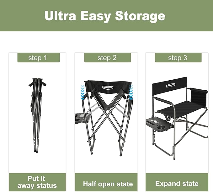 YOUNG WOOD Camping Directors Chair, Lightweight Oversized Portable Folding Chair with Side Table and Storage Pockets for Outdoor Camping, Lawn, Picnic and Fishing, Supports 400lbs (Black)