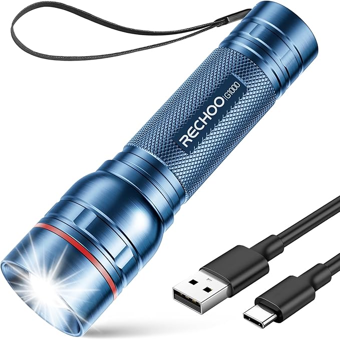 Rechargeable Flashlights High Lumens, G1000 Super Bright Flash Light, Small Zoomable LED Flashlight with 3 Lighting Modes, Portable Tactical Flashlight for Camping Essentials (Battery Included)-Blue