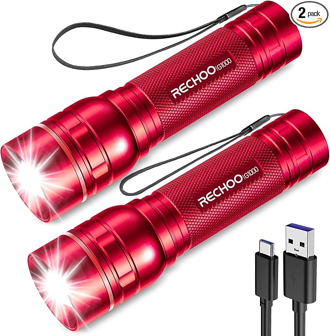 Rechargeable Flashlights High Lumens, G1000 Super Bright Flash Light 2 Pack, Small Zoomable LED Flashlight with 3 Lighting Modes, Portable Flashlights for Camping Essentials, Gift for Women (Red)