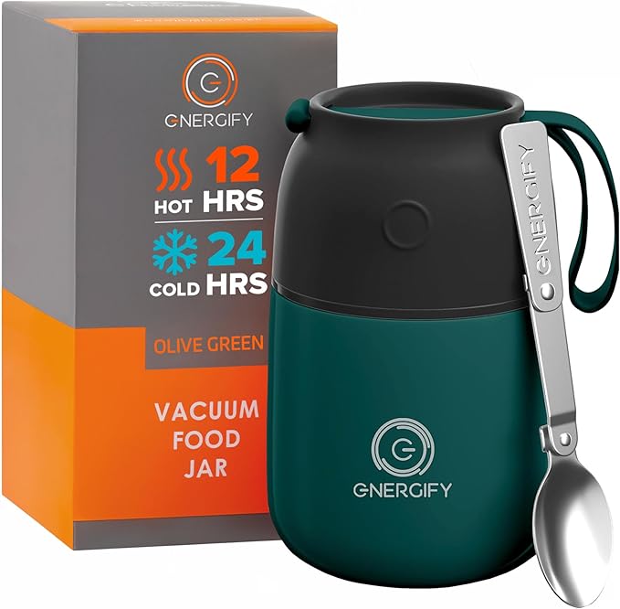 ENERGIFY Vacuum Insulated Food Jar. Large 17oz Bowl incl. Folding Spoon, Cup. Wide Mouth Keep Hot & Cold Drinks Soup Lunch Container for Adults. BPA-Free Stainless Steel, Leak Proof Olive Green