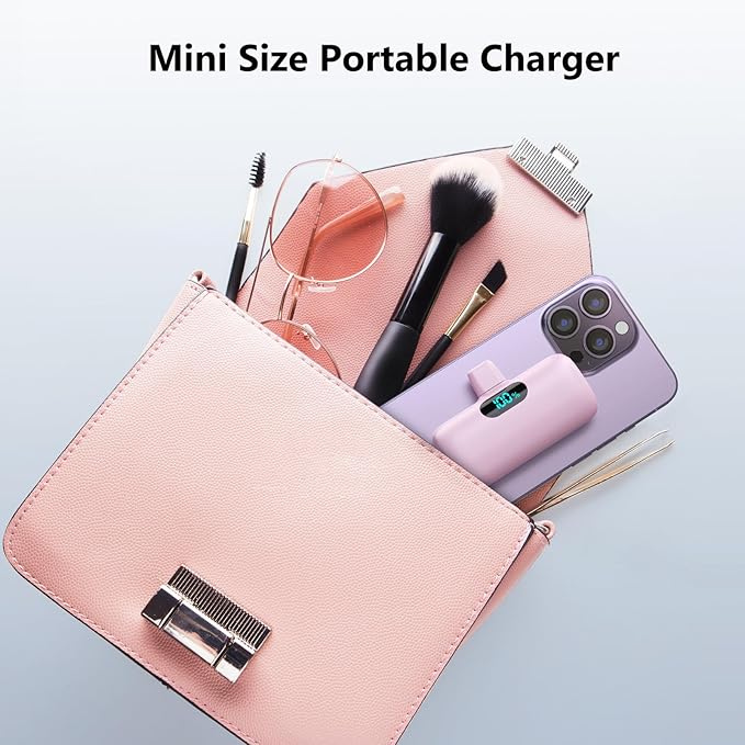 Mini Portable Charger USB C Power Bank,Upgraded 5000mAh PD Fast Charging Battery Pack Built-in USB-C Connector,LCD Display,Compatible with iPhone16,16 Plus,16Pro/Max/15,iPad Pro/Air,Android Phone etc