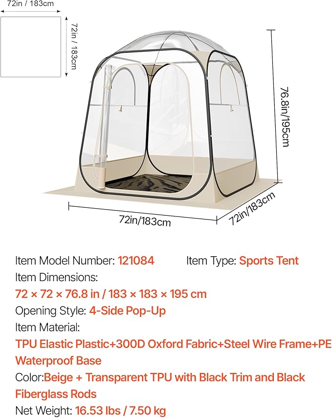 VEVOR Pop up Sports Tent, 8 Sizes Optional Clear Bubble Tent for 1-6 Person, Waterproof Outdoor Pod with Floor Mat & Top Cover, Garden Igloo Dome Tents Camping Shelter for Sports Watching