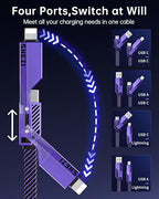 SHEZI [Upgraded 2.0 4-in-1 USB C Cable 60W 5FT Fast Charging [480Mbps Data Transfer] Flat Nylon Braided Charger Cord Combo, USB A/C to C/L Multi Charge Cable for iPhone/iPad & Most Devices, Purple