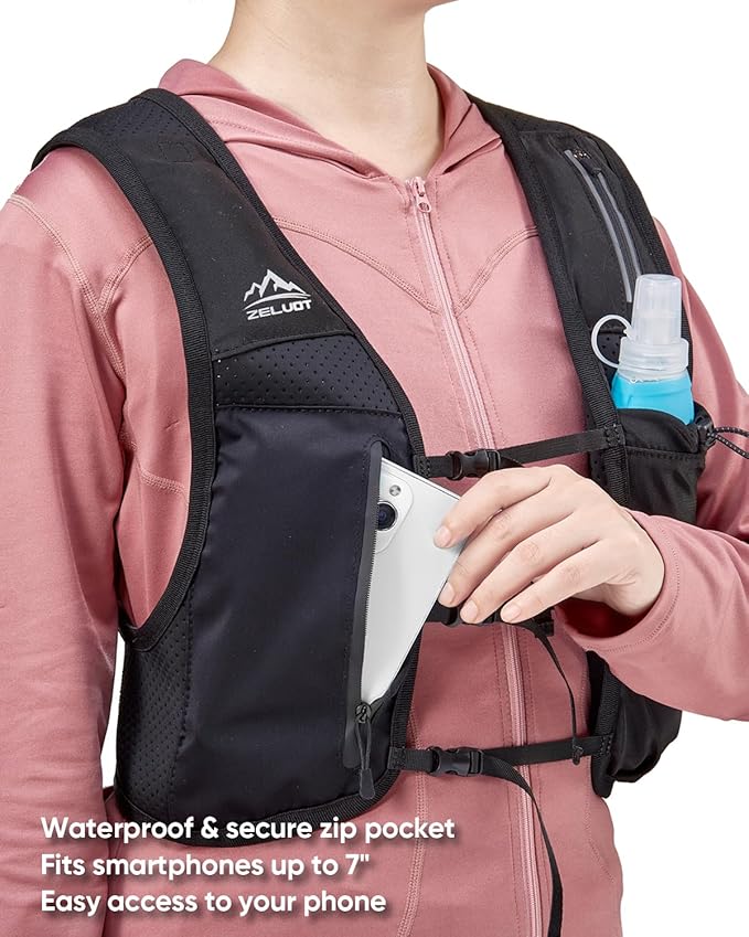 Running Vest for Women Men, USA Original Patent, Adjustable Chest Straps Running Hydration Vest with 500ml Soft Flask and Phone Holder, Lightweight Reflective Hydration Backpack