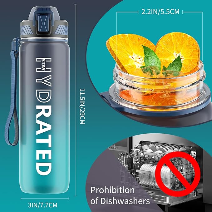 QLUR Water Bottle with Straw, 32oz Motivational Water Bottles with Time Marker to Drink, Tritan BPA Free, 1L Sports Water Bottle with Carry Strap LeakProof for Women Gym Fitness Outdoor (1 Pack)
