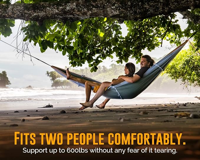X-Large 2 Person Camping Hammock with Mosquito Net - Compact Double Hammock with Bug Net, Pocket, Tree Straps & Heavy Duty Carabiners - Parachute Grade Nylon Can Hold Over 600lbs of Weight