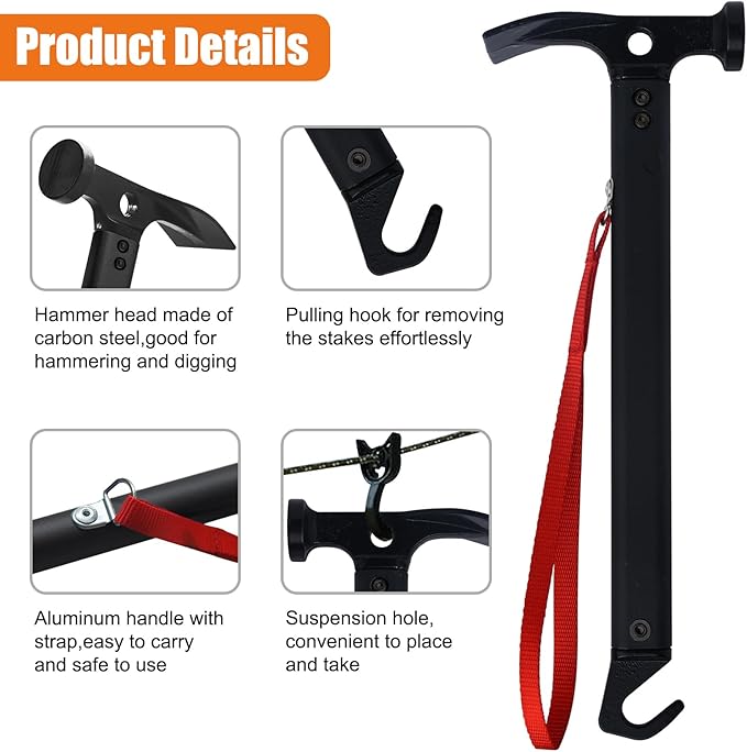 Eurmax USA Hiking Camping Tent Stakes and Hammer Set Lightweight Multi-Function Tent Hammer with Tent Stake Remover,Tent Pegs for Camping, Hiking, Backpacking, Gardening(Silver Stakes)