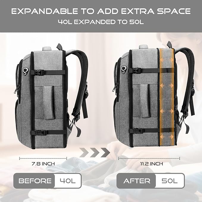 Travel Backpack for Men, Expandable Carry on Backpack, TSA 17.3 inch Laptop Bag Flight Approved, Lightweight Business Luggage Bag, Travel Gifts for Men Women, Grey