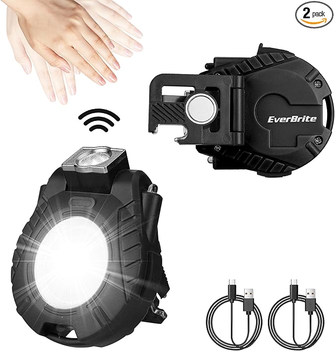 EverBrite COB Keychain Work Light, 2 Pack Rechargeable Keychain Light with Sensor Mode, Mini Magnetic Key Chain Light with 180° Rotatable Bracket, Bottle Opener, Clip - for Hiking, Camping, 6 Modes